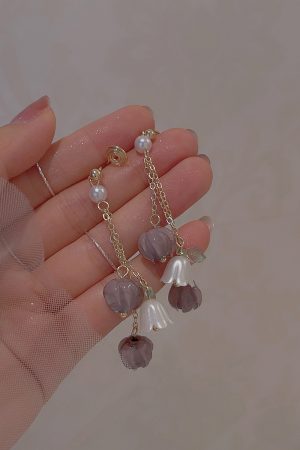 Purple Lily of the Valley Tassel Long Earrings for Women - 2025 Trendy French Vintage Clip-On Accessories, Elegant Ear Jewelry