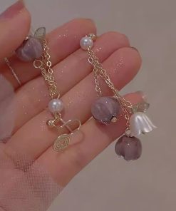 Purple Lily of the Valley Tassel Long Earrings for Women - 2025 Trendy French Vintage Clip-On Accessories, Elegant Ear Jewelry