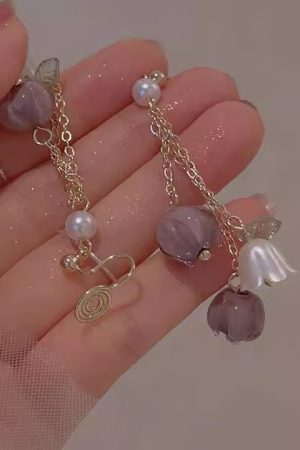Purple Lily of the Valley Tassel Long Earrings for Women - 2025 Trendy French Vintage Clip-On Accessories, Elegant Ear Jewelry