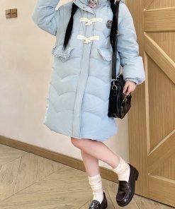 Purple Mid-Length Loose Down Jacket with Horn Buttons - Thick Slimming White Duck Down Coat, Straight Cut JK Style