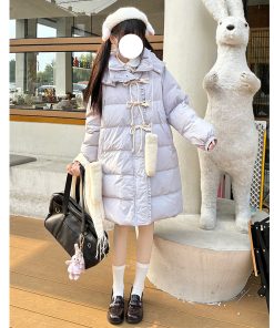 Purple Mid-Length Loose Down Jacket with Horn Buttons - Thick Slimming White Duck Down Coat, Straight Cut JK Style