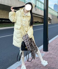 Purple Mid-Length Loose Down Jacket with Horn Buttons - Thick Slimming White Duck Down Coat, Straight Cut JK Style