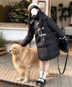 Purple Mid-Length Loose Down Jacket with Horn Buttons - Thick Slimming White Duck Down Coat, Straight Cut JK Style