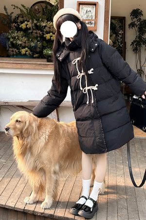 Purple Mid-Length Loose Down Jacket with Horn Buttons - Thick Slimming White Duck Down Coat, Straight Cut JK Style