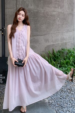 Purple Sweet Wood Ear Edge Dress for Women - 2025 Summer French Style Unique Fashionable Vest Dress for Elegant Temperament