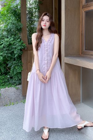 Purple Sweet Wood Ear Edge Dress for Women - 2025 Summer French Style Unique Fashionable Vest Dress for Elegant Temperament