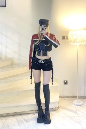 Racing Style Black and Red Spliced Short Leather Motorcycle Jacket - High-Quality Biker Look