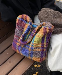 Rainbow Striped Fleece Plush Tote Bag for Women - Large Capacity Shoulder Crossbody Bag for Spring & Summer 2025