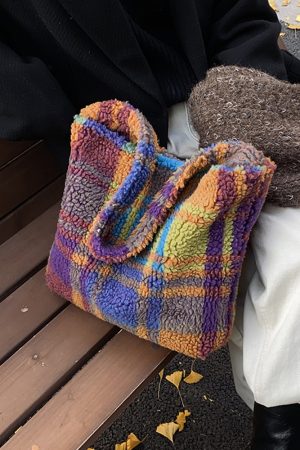 Rainbow Striped Fleece Plush Tote Bag for Women - Large Capacity Shoulder Crossbody Bag for Spring & Summer 2025