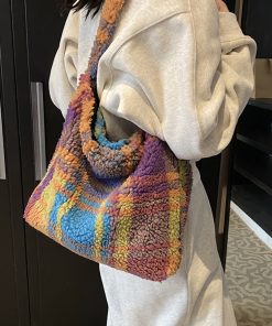 Rainbow Striped Fleece Plush Tote Bag for Women - Large Capacity Shoulder Crossbody Bag for Spring & Summer 2025