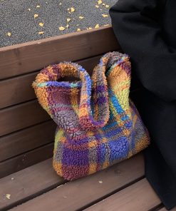 Rainbow Striped Fleece Plush Tote Bag for Women - Large Capacity Shoulder Crossbody Bag for Spring & Summer 2025