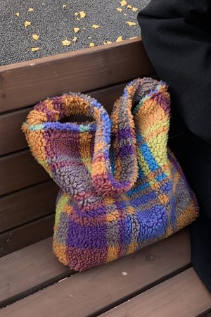 Rainbow Striped Fleece Plush Tote Bag for Women - Large Capacity Shoulder Crossbody Bag for Spring & Summer 2025