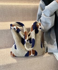 Rainbow Striped Fleece Plush Tote Bag for Women - Large Capacity Shoulder Crossbody Bag for Spring & Summer 2025