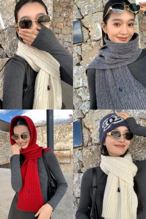 Red 100% Wool Knitted Scarf for Women - Versatile Winter Shawl in Korean Style, Cozy and Warm Accessory