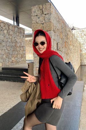 Red 100% Wool Knitted Scarf for Women - Versatile Winter Shawl in Korean Style, Cozy and Warm Accessory
