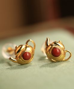 Red Agate Pure Silver Teapot Ear Studs for Women, Chinese Style Light Luxury Birth Year Earrings, Natural South Red Agate Jewelry