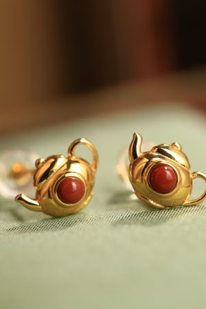 Red Agate Pure Silver Teapot Ear Studs for Women, Chinese Style Light Luxury Birth Year Earrings, Natural South Red Agate Jewelry