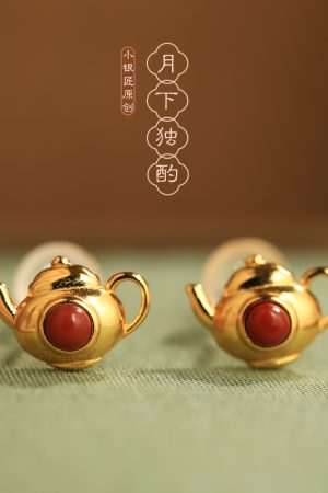 Red Agate Pure Silver Teapot Ear Studs for Women, Chinese Style Light Luxury Birth Year Earrings, Natural South Red Agate Jewelry