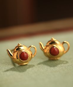 Red Agate Pure Silver Teapot Ear Studs for Women, Chinese Style Light Luxury Birth Year Earrings, Natural South Red Agate Jewelry