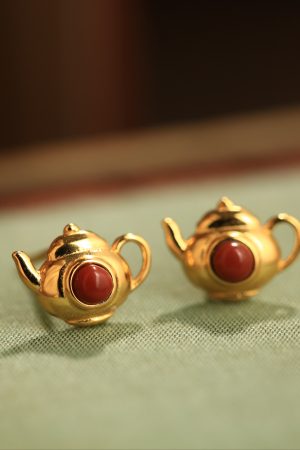 Red Agate Pure Silver Teapot Ear Studs for Women, Chinese Style Light Luxury Birth Year Earrings, Natural South Red Agate Jewelry