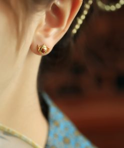 Red Agate Pure Silver Teapot Ear Studs for Women, Chinese Style Light Luxury Birth Year Earrings, Natural South Red Agate Jewelry
