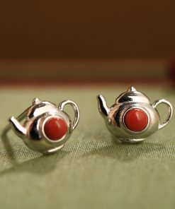 Red Agate Pure Silver Teapot Ear Studs for Women, Chinese Style Light Luxury Birth Year Earrings, Natural South Red Agate Jewelry