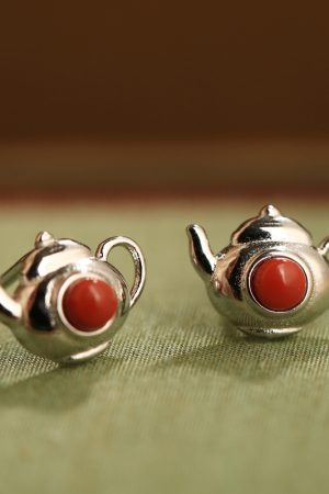 Red Agate Pure Silver Teapot Ear Studs for Women, Chinese Style Light Luxury Birth Year Earrings, Natural South Red Agate Jewelry