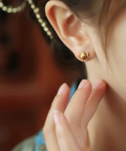 Red Agate Pure Silver Teapot Ear Studs for Women, Chinese Style Light Luxury Birth Year Earrings, Natural South Red Agate Jewelry