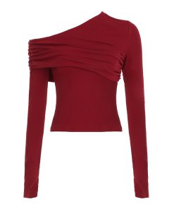 Red Asymmetrical Shoulder Pleated Long Sleeve T-Shirt - Slim Fit Waist-Defined Spring Top for 2025 Y2K Inspired Style