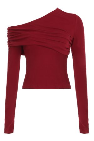 Red Asymmetrical Shoulder Pleated Long Sleeve T-Shirt - Slim Fit Waist-Defined Spring Top for 2025 Y2K Inspired Style