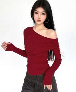 Red Asymmetrical Shoulder Pleated Long Sleeve T-Shirt - Slim Fit Waist-Defined Spring Top for 2025 Y2K Inspired Style