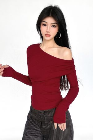 Red Asymmetrical Shoulder Pleated Long Sleeve T-Shirt - Slim Fit Waist-Defined Spring Top for 2025 Y2K Inspired Style