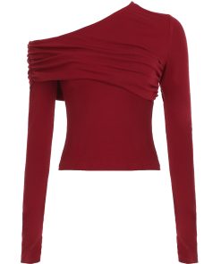 Red Asymmetrical Shoulder Pleated Long Sleeve T-Shirt - Slim Fit Waist-Defined Spring Top for 2025 Y2K Inspired Style
