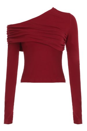 Red Asymmetrical Shoulder Pleated Long Sleeve T-Shirt - Slim Fit Waist-Defined Spring Top for 2025 Y2K Inspired Style