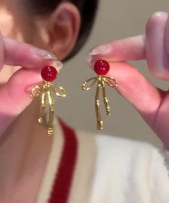 Red Bow Pearl Stud Drop Earrings - Elegant Light Luxury High-End Fashionable Accessories for Versatile Style