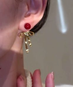 Red Bow Pearl Stud Drop Earrings - Elegant Light Luxury High-End Fashionable Accessories for Versatile Style