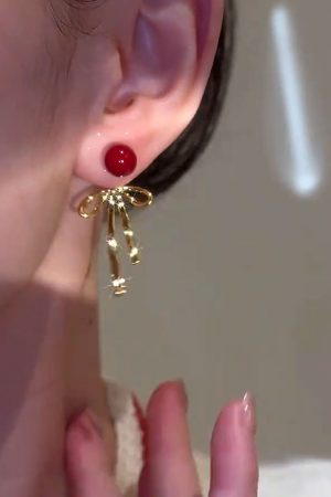 Red Bow Pearl Stud Drop Earrings - Elegant Light Luxury High-End Fashionable Accessories for Versatile Style