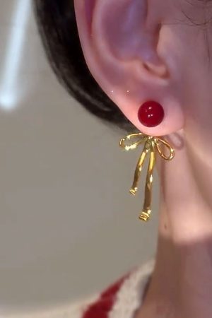 Red Bow Pearl Stud Drop Earrings - Elegant Light Luxury High-End Fashionable Accessories for Versatile Style