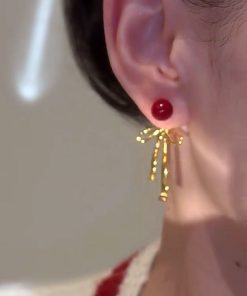 Red Bow Pearl Stud Drop Earrings - Elegant Light Luxury High-End Fashionable Accessories for Versatile Style