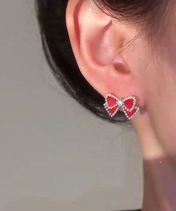 Red Bow Pearl Stud Earrings with Long Tassels - Elegant Lightweight Luxury for Versatile Style