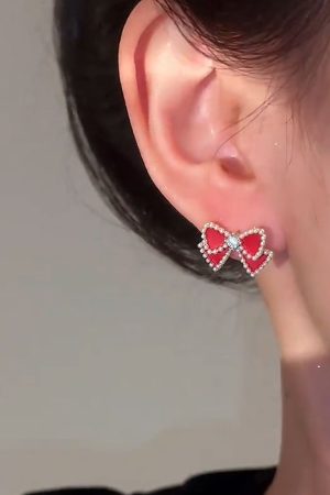Red Bow Pearl Stud Earrings with Long Tassels - Elegant Lightweight Luxury for Versatile Style