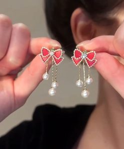 Red Bow Pearl Stud Earrings with Long Tassels - Elegant Lightweight Luxury for Versatile Style