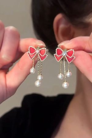 Red Bow Pearl Stud Earrings with Long Tassels - Elegant Lightweight Luxury for Versatile Style