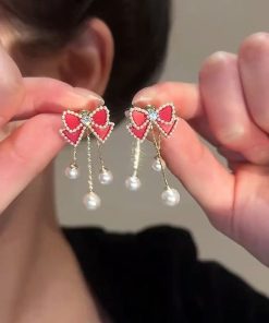 Red Bow Pearl Stud Earrings with Long Tassels - Elegant Lightweight Luxury for Versatile Style