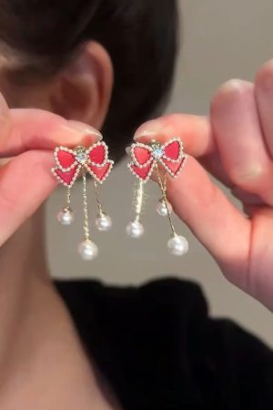 Red Bow Pearl Stud Earrings with Long Tassels - Elegant Lightweight Luxury for Versatile Style