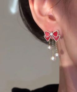 Red Bow Pearl Stud Earrings with Long Tassels - Elegant Lightweight Luxury for Versatile Style
