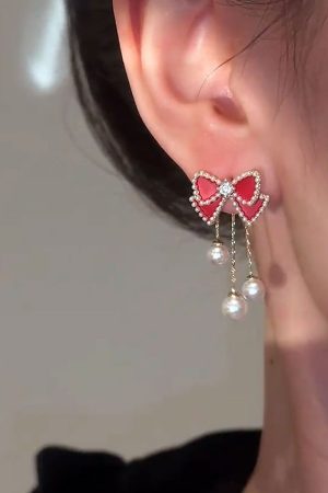 Red Bow Pearl Stud Earrings with Long Tassels - Elegant Lightweight Luxury for Versatile Style