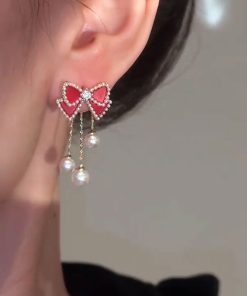 Red Bow Pearl Stud Earrings with Long Tassels - Elegant Lightweight Luxury for Versatile Style