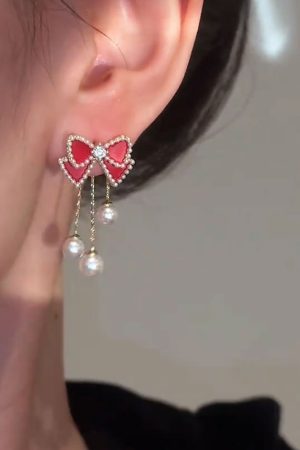 Red Bow Pearl Stud Earrings with Long Tassels - Elegant Lightweight Luxury for Versatile Style