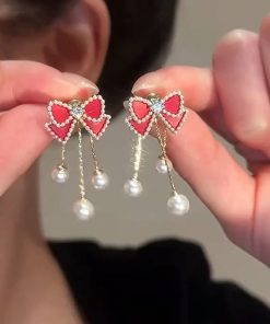 Red Bow Pearl Stud Earrings with Long Tassels - Elegant Lightweight Luxury for Versatile Style